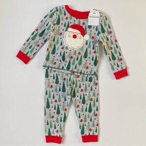 Mud Pie Kids Santa Pajamas Size 9 12 Months Christmas 2 Piece Long Johns Trees